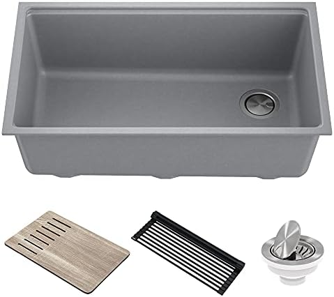 KRAUS Bellucci Workstation 32-inch Undermount Granite Composite Single Bowl Kitchen Sink in Metallic Gray with Accessories, KGUW2-33MGR