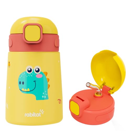 Image of rabitat Milo Stainless Steel Water Bottle 350ml | 2 Year Brand Warranty | BPA Free | Leakproof Steel Sipper Bottle for Kids | Flip Lock Lid with Straw | Easy Carry Handle | Dino Dash