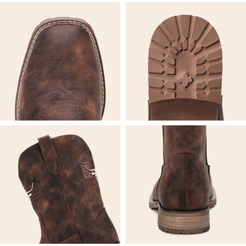 Image of JASONSTAR Western Cowboy Boots for men, Vintage Distressed Brown Square Toe Mid-Calf Boots with Longhorn Skull American Flag Embroidery, Non-Slip Rubber Sole Comfortable for Riding Outdoor Daily Wear