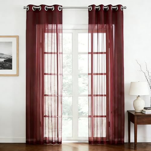 HOKXUAN Visillos Salón 2 Piezas 170 x 190 cm Decorativos Fácil de Limpiar y sin Arrugas Efecto Lino Poliester Cortinas Salon para Ventanas para Salón, Rojo