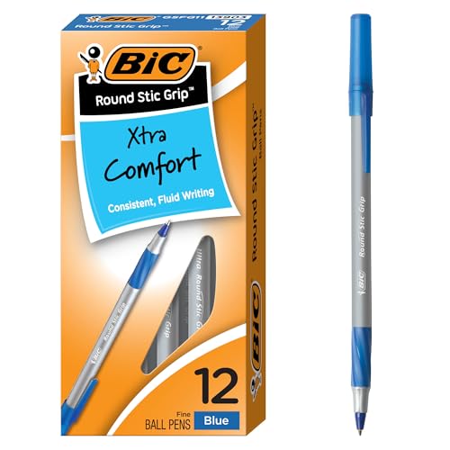 Image of BIC Round Stic Grip Ball Pen, Fine Point, 0.8mm, Blue, 12 Pens (GSFG11-Blu)