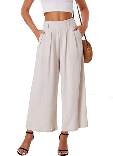 heipeiwa Women' s Culottes Linen Pants Summer Vacation Beach Capris Crop Casual Wide Leg Palazzo Pants