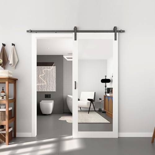 BARNSMITH 36in x 84in Mirror Barn Door with 6.6FT Sliding Door Hardware Kit Included, 1 Lites Full...