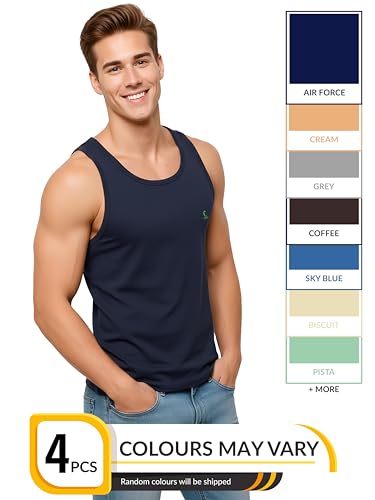 Image of COSCO HUEMAN Men's 100% Cotton Sleeveless Round Neck Regular Fit Multi Colour Vest | Baniyan for Men | Vest for Men Combo Pack of 4