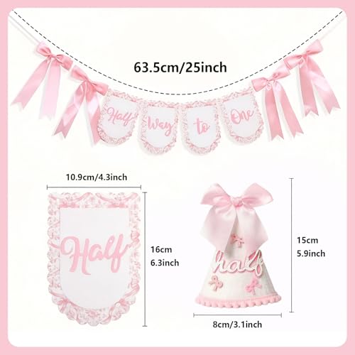 SKTMH Half Birthday Decorations for Baby Girl, Pink Bow Themed Half Way to One High Chair Banner & Pink Bow Half Birthday Hat for 6 Months Party Cake Smash Photo Props by SKTMH - Used condition - Image 2