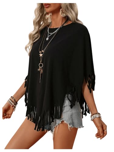 SweatyRocks Women's Half Short Sleeve Fringe Trim Top Round Neck Asymmetrical Hem Loose Tee Shirts Blouse3