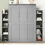 MERITLINE Full Murphy Bed Kit with Storage 8 Shelves and LED Lights, Wood Murphy Bed Cabinet Murphy Bed in a Cabinet Grey Murphy Wall Bed Units Full Size, LP00069