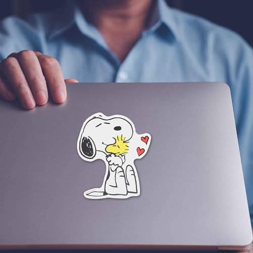 Image of Peanuts Snoopy and Woodstock Hug Adhesive Vinyl Decal | Cute Snoopy Sticker for Car, Window or Laptop