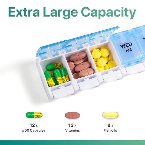 Image of Sukuos AM PM Weekly Pill Organizer 7 Day, 2 Times A Day Medicine Pill Box with Easy Push Button, BPA Free Vitamin Cases for Fish Oil /Supplements, Easy to Clean (Yellow&Blue)