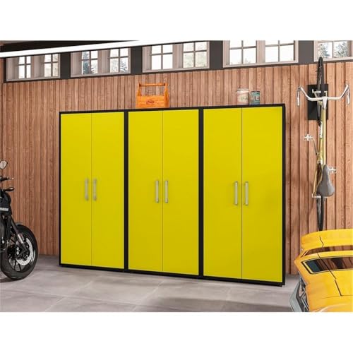 Image of Manhattan Comfort Eiffel 73.43 inch Garage Cabinet with 4 Adjustable Shelves, Ideal Home Storage for Office, Laundry or Utility Room, Set of 3, Yellow