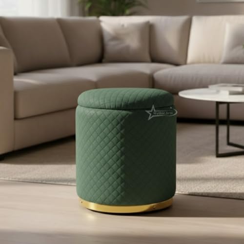 Image of Premium Round Storage Ottoman Stool 16 X 16X 19 inch, with Gold Metal Base | Luxury Pouffe with Hidden Storage | Cushioned Footrest for Living Room, Bedroom & Lounge Dark Green