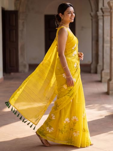 Image of AKHILAM Women's Cotton Saree with White Daisy Floral Prints Tassel Pallu Lightweight Summer Saree