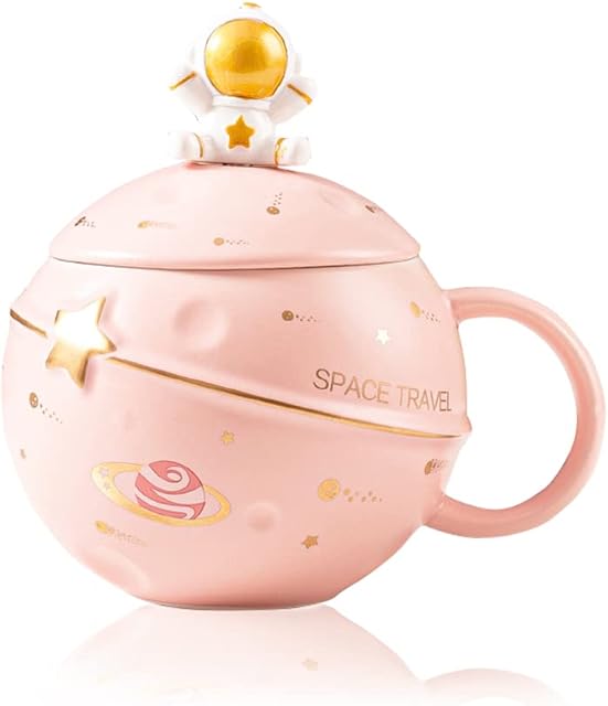 Yalucky Kawaii kubek astronauty z wytłoczoną planetą, uroczy ceramiczny kubek do kawy, nowość kubek z pokrywką i łyżką do kawy, herbaty, mleka, estetyczna dekoracja pokoju (różowy)
