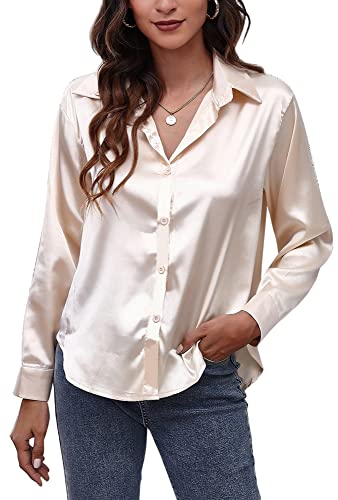 Panegy Chemise en Satin pour Femmes à Manches Longues Chemisiers Boutonnée Devant Haut de Travail Chemises Aspect Soie pour Dames Hauts de Bureau, doré, XL
