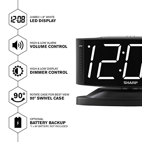 Sharp Home Led Digital Alarm Clock – Swivel Base - Outlet Powered, Simple Operation, Alarm, Snooze, Brightness Dimmer, Big White Digit Display, (Black-White Led) #TOP2