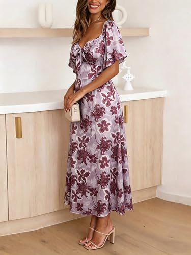 Image of Fashionme Womens Dresses 2026 Maxi Dresses Deep V Neck Elegant Bow Tie Front Cap Sleeve Summer Floral Satin Smocked Dress