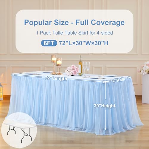 Baby Blue Tulle Tablecloth Table Skirt for 6 Foot Rectangle Tables, Baby Shower Blue Table Cloths Ruffle Tutu Table Skirt Stretch Fitted Table Covers for Wedding Birthday Party Reception Celebration by Party Talk - Image 5