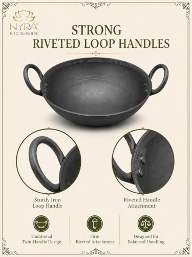 Image of NYRA Natural Traditional Black Iron Kadhai for Cooking Handmade Heavy Base Loha Kadai Lokhand /Lokhandi with Handle (Large - 2 LTR)