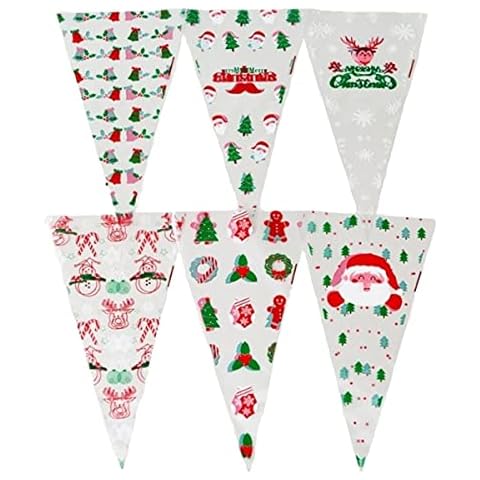 Tiuxiu 200 Piece Cone-Shaped Bag Christmas Cone-Shaped Cellophane Bag Transparent Dessert Sweets Plastic Triangle Bag Suitable Cover