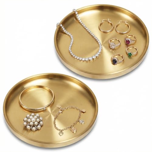 MBAIYO Gold Key Bowl for Entryway Table, 2-Pack Stainless Steel Decorative Catch All Bowl for Keys, Jewelry & Essentials, 7.5x7.5x1.5in Small Key Holder Tray, Home Decor Accents