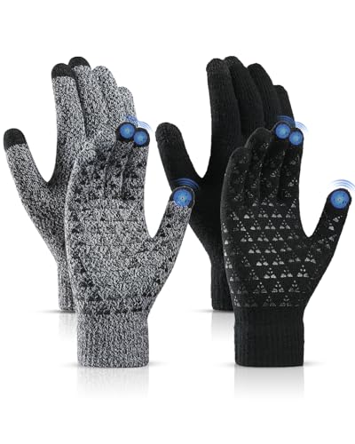 2Pairs Winter Thermal Gloves Men Women Touch Screen Knitted Warm Anti Slip Gloves with Soft Lining for Driving Running Cycling Ski Outdoor (Black + Grey)