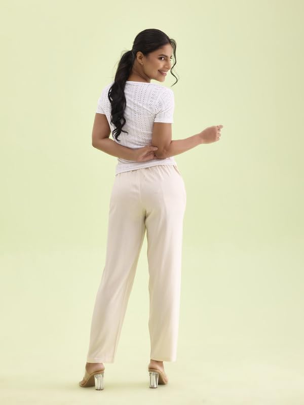 Image of GO COLORS Women Solid Mid Rise Relaxed Fit Viscose Casual Pants