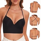 Low Back Bra for Women Multiway Deep U Plunge Backless Bras Seamless Convertible Low Cut Open Back Halter Bra (Black, 32C)