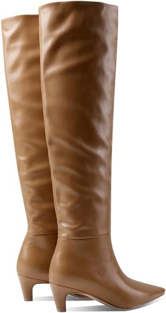 Women's Stylish Square Toe Matte Leather Slip On Autumn Winter Wide Calf Comfort Slouch Low Kitten Heel Dress Over The Knee High Boots Brown Size 9
