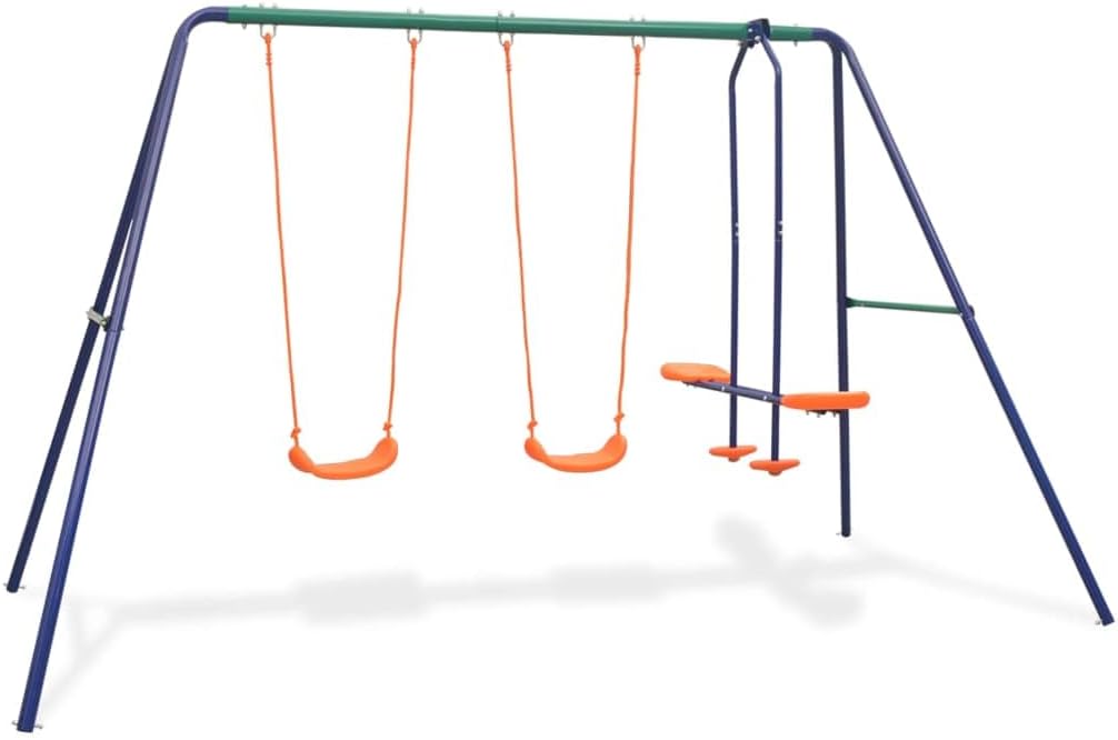 Blue Steel and Plastic Swing Set with 2 Single Swings and 1 Tandem Swing for Outdoor Backyard Fun, Durable Frame and Comfortable Seats for Active Play Ages 3-10, Easy