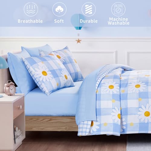 Image of Full Size Comforter Set for Girls Blue Plaid Daisy 7 Pieces Bed in a Bag