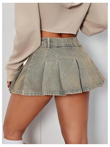 Floerns Women's Pleated A Line Mini Denim Skirt Low Waist Party Concert Jean Skirts3