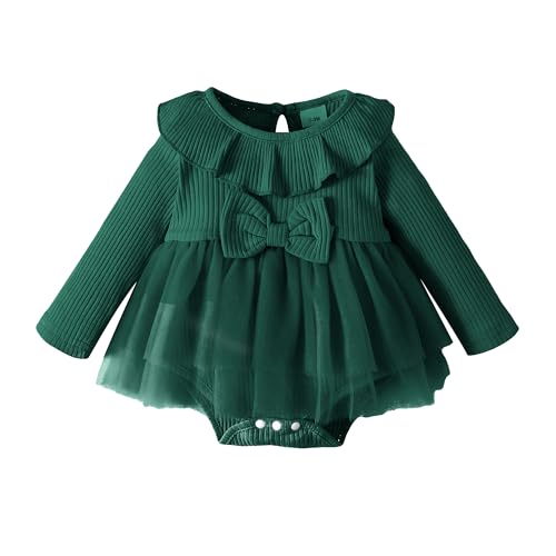 Image of Infants Toddler Baby Girls Ribbed Romper Dress Long Sleeve Autumn Winter Bodysuit Tutu Princess Bowknot Ruffle Tulle Dress Dark Green 12-18 Months