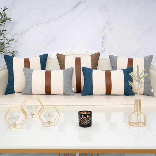 Yamminess LIANGPIANBAI-SHENLANSE3050 Blue Farmhouse Linen Lumbar Throw Pillow Cover Patchwork Burlap Cushion Case Neutral Faux Leather Oblong Pillowcase thumb #6