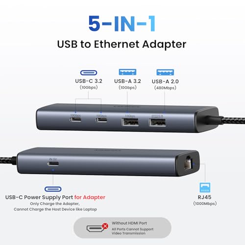 UGREEN USB to Ethernet Adapter, 5 in 1 USB Hub with Ethernet with 2* USB-C 3.2 (10Gbps) + 1*USB-A 3.2/1*USB-A 2.0/Gigabit RJ45, Network LAN Internet Dongle Compatible for Laptop, MacBook Pro/Air, XPS by UGREEN - Image 2