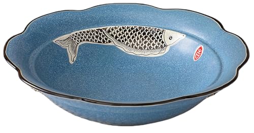 Zdaqian 深皿 おしゃれ 皿 プレート パスタ皿 青 魚の模様 可愛い 業務用 和風 深め セラミックス 大きいサイズ 丼 藍 食器 おかず皿 スタイリッシュ 耐熱性 洗浄容易 (B,14インチ)