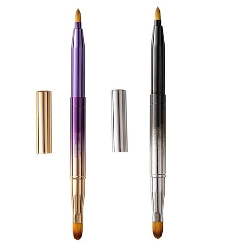 DSADKI Pack of 2 Lip Brush for Lipstick, Retractable Lip Brushes, Lipstick Liner Brush Retractable with Cap, Dual-ended Foundation Makeup Brush Tool For Women (Gradation purple and Gradient black)