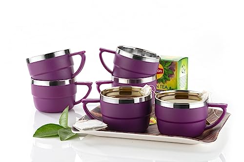 Image of HAPPI Tea Cups Set Coffee Mug Insulated Stainless Steel Inner Stylist Double Wall Cup for Home Office Restaurant Use Tea Mugs Set of 6 (Purple)
