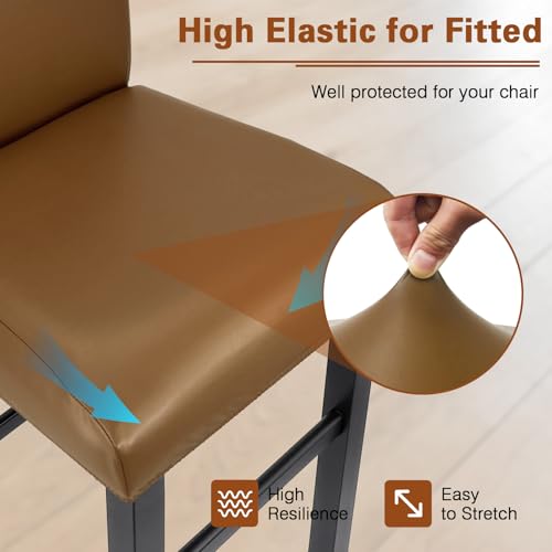 Image of PU Leather Bar Stool Covers with Backs, 2 Pack Stretch Waterproof Bar Stool Chair Covers Washable & Comfortable Barstool Covers Slipcovers with Back for Pub /Counter /Dining Room (Light Coffee)