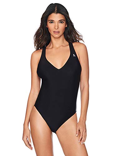 Reebok Lifestyle Women's Swimwear Plunge V-Neckline One Piece Swimsuit, Black, Small