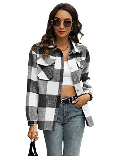 UANEO Womens Plaid Shacket Button Down Wool Blend Fall Flannel Shirt Jacket (BlackandWhite-L)