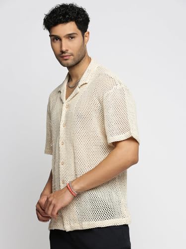 Image of SHOWOFFFF Men Solid Crochet Casual Shirt | Cuban Collar Half Sleeves Cotton Shirt for Mens | Relaxed Fit Regular Length Shirt for Men's