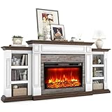 80' Fireplace TV Stand for TVs Up to 90 Inch, Electric Fireplace with Mantel, Farmhouse Entertainment Center with Storage, Realistic Stacked Stone Surround with Remote Control for Living Room