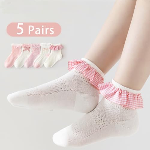 Image of Girls Socks Cute Lace Bow,Fun Crew Fashion Funny Novelty Soft Cotton Socks 5 Pairs