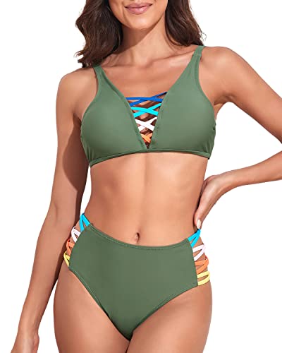 Roselychic Bathing Suit for Women 2 Piece high Waisted Bikini Cutout Sexy Swimsuit Army Green