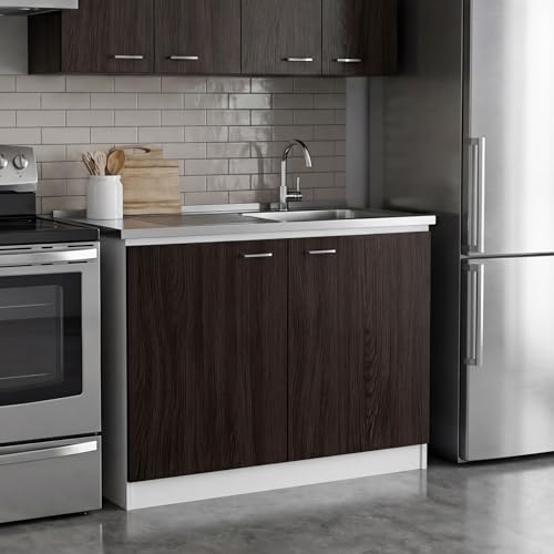 Image of Tuhome Napoles Utility Sink Cabinet for Kitchen Use with Integrated Stainless Steel Sink and Stainless Steel Countertop, Double Door Storage Cabinet with Interior Shelf for Kitchen, Laundry or Utility