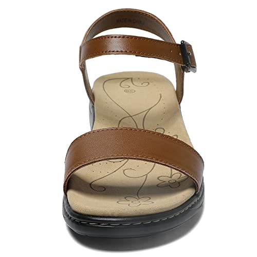 Image of Women's Classic Flat Sandals Leather Open Toes Memory Foam One Band Ankle Strap Adjustable Slip On Shoes