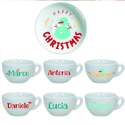 Merry Christmas Set 6 Tazzine da Caffè + Piattini in Ceramica Personalizzati e Scatola Rossa a Tema Natalizio Idea Regalo Originale Natale Feste Cucina Prima Colazione Mattina Arredo Casa Tavola