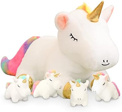 SQEQE Colorful Unicorn Plush Toy with 4 Baby Plush Unicorns in her Tummy, Stuffed Cotton Plush Animal Toy Gift for Kids