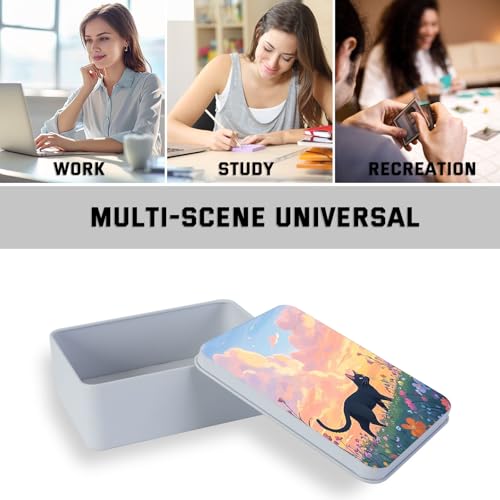 Image of Metal Tin Box with Lid,Multi-functional Storage Large Box Can Store Tea Biscuits Game Cards, Playing & Tarot Cards-Comes with 4 Magnetic Cord Clips,Black Cat in Flower Field