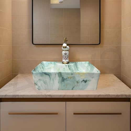 Image of Artiva Designer Ceramic Table Top Wash Basin For Bathroom /Green Wall Mounted Bathroom Sink /Wall Hung Washbasin /Wash Basin For Cabinet, Countertop, Vanity (Osian Green 16 x 12 x 5 Inch)